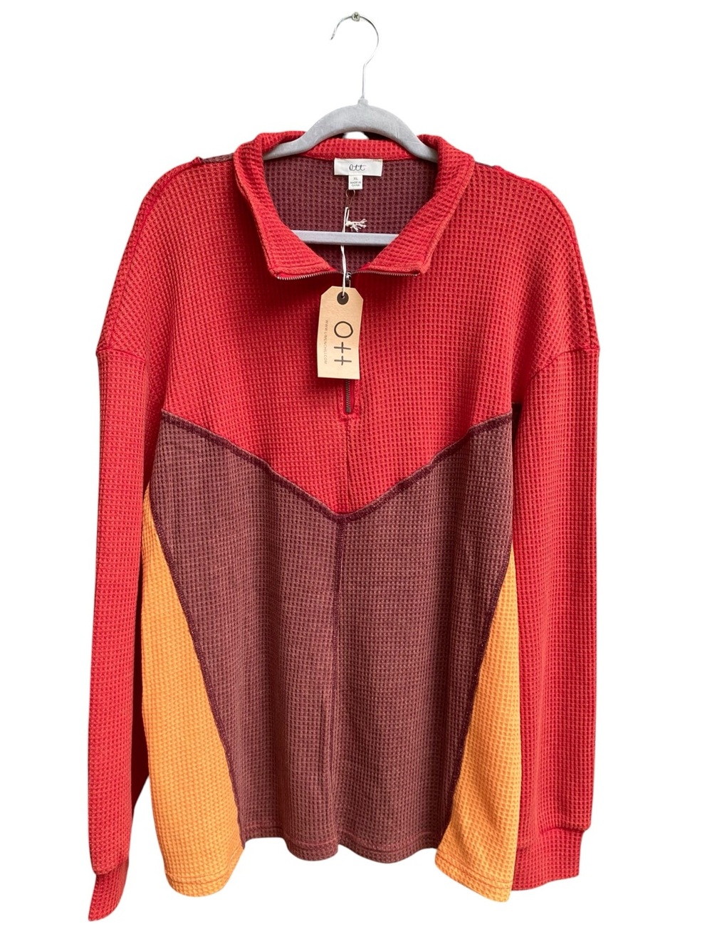 NWT OTT Waffle Knit Top 1/4 Zip Color Block Long Sleeve Boho Womens Size XL NWT